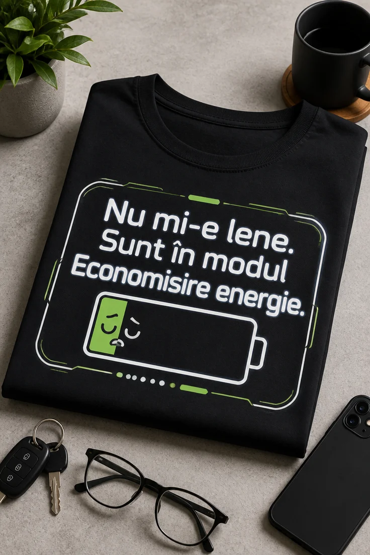 Tricou negru cu textul Nu mi-e lene. Sunt în modul Economisire energie. și icon baterie 5% cu față somnoroasă, design modern pentru adulți obosiți, gameri și office.