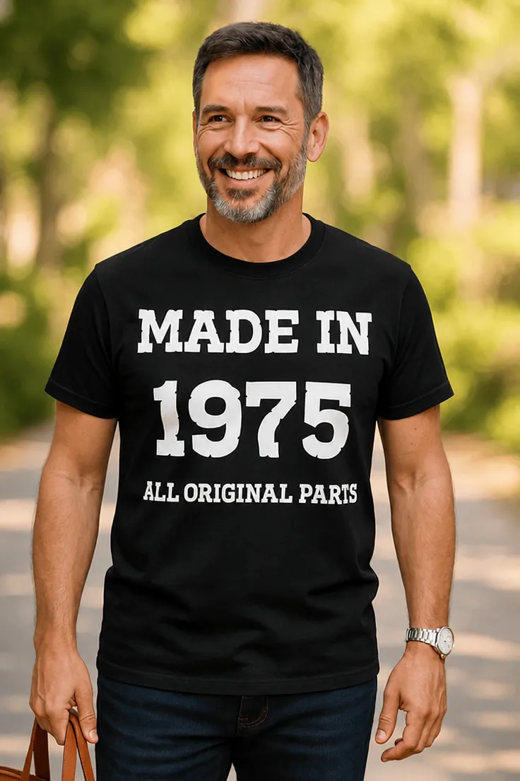 Tricou amuzant Piese originale din 1975 cu mesajul MADE IN 1975 ALL ORIGINAL PARTS