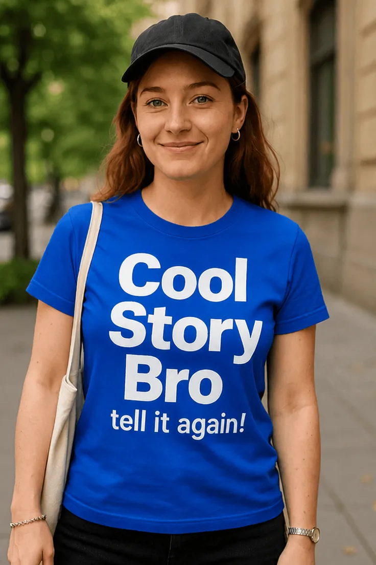 Tricou amuzant Poveste tare frate cu mesajul Cool Story Bro tell it again! imprimat frontal