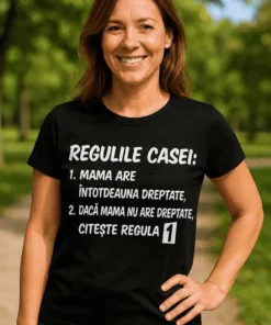 Tricou amuzant Reguli de casă pentru mama cu mesaj haios pentru cadou
