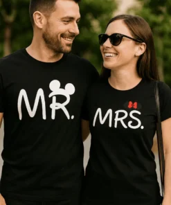 Tricou amuzant Set Mr Mrs. cu imprimeu MR. MRS. pentru cupluri