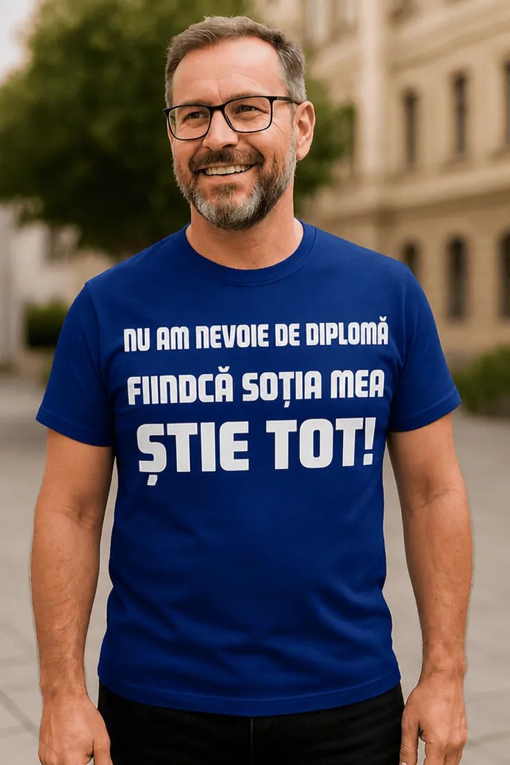 Tricou amuzant Soția știe tot, cadou de zi de naștere pentru soț