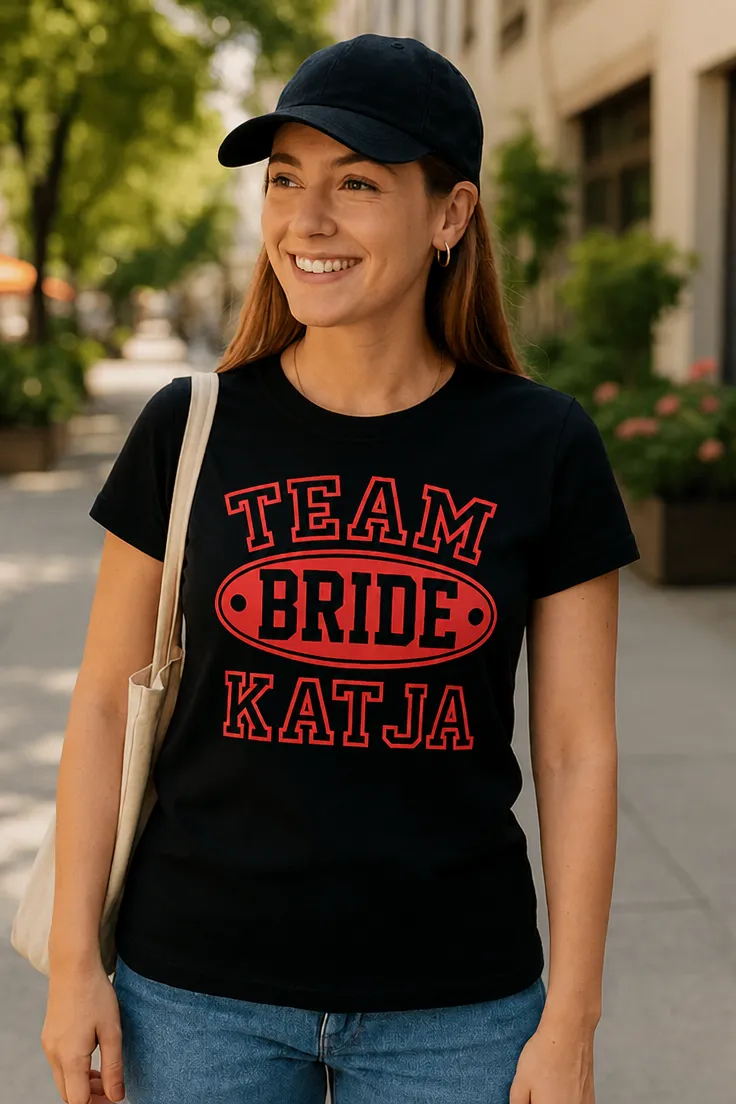 Tricou amuzant Team bride cu nume personalizat cu imprimeu TEAM BRIDE KATJA