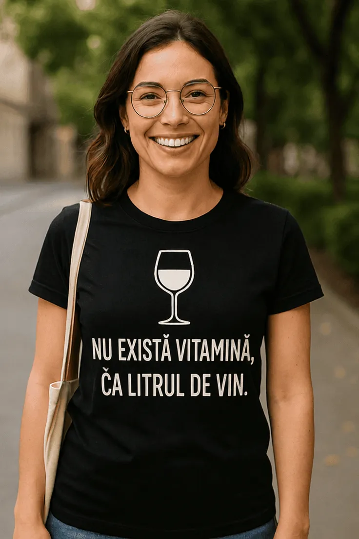 Tricou amuzant Vitamina din vin cu mesaj haios pentru cadou
