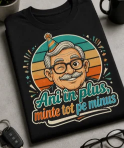 Tricou aniversare amuzant cu textul Ani în plus, minte tot pe minus, față de bunic zâmbitor, ocheadă și pălărie de petrecere, stil retro teal și orange.