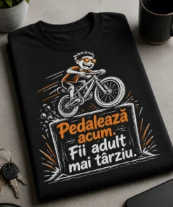 Tricou ciclism cu mesaj amuzant „Pedalează acum. Fii adult mai târziu.”, bicicletă dinamică peste cuvântul adult, alb și portocaliu pe fundal închis