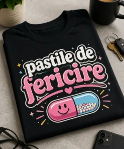 Tricou cu mesaj pastile de fericire, design tipografic funny, cadou amuzant pentru adulți