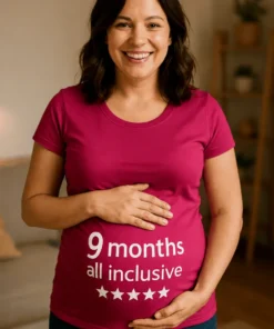 Tricou de gravidă 9 months all inclusive, cadou pentru baby shower sau zi de naștere