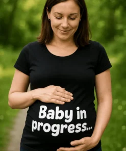 Tricou de gravidă bebe în progres cu mesajul Baby in progress. imprimat