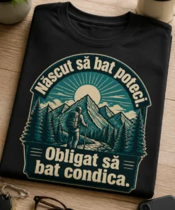 Tricou drumeție cu sloganul Născut să bat poteci. Obligat să bat condica., grafică outdoor vintage cu munți, soare și pini