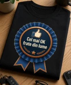 Tricou cu mesajul Cel mai OK frate din lume și grafică tip rozetă premiu, stil vectorial vintage, în albastru și bronz
