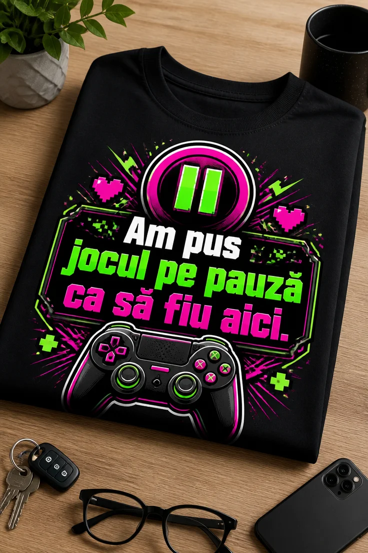Tricou gamer cu textul Am pus jocul pe pauză ca să fiu aici., icon de pauză, controller modern și accente neon verde și magenta pe fundal închis