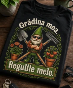 Tricou grădinărit cu mesajul Grădina mea. Regulile mele., cu lopată și greblă încrucișate, vițe decorative și stil rustic pentru iubitorii de grădină.