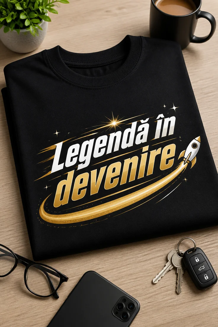 Tricou cu textul Legendă în devenire, design tipografic cu rachetă, alb și auriu
