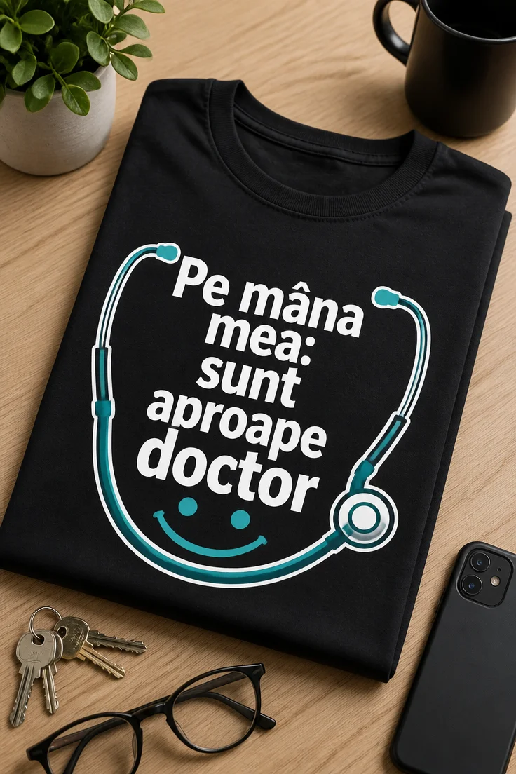 Tricou medicină cu mesajul „Pe mâna mea: sunt aproape doctor” și grafică minimalistă cu stetoscop în formă de zâmbet.