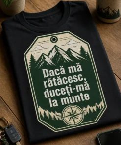 Tricou cu sloganul „Dacă mă rătăcesc, duceți-mă la munte”, în stil de etichetă de bagaj outdoor, cu munți și busolă.