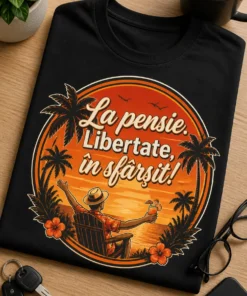 Tricou de pensionare cu sloganul La pensie. Libertate, în sfârșit! și grafică sunset cu palmieri, stil badge circular.