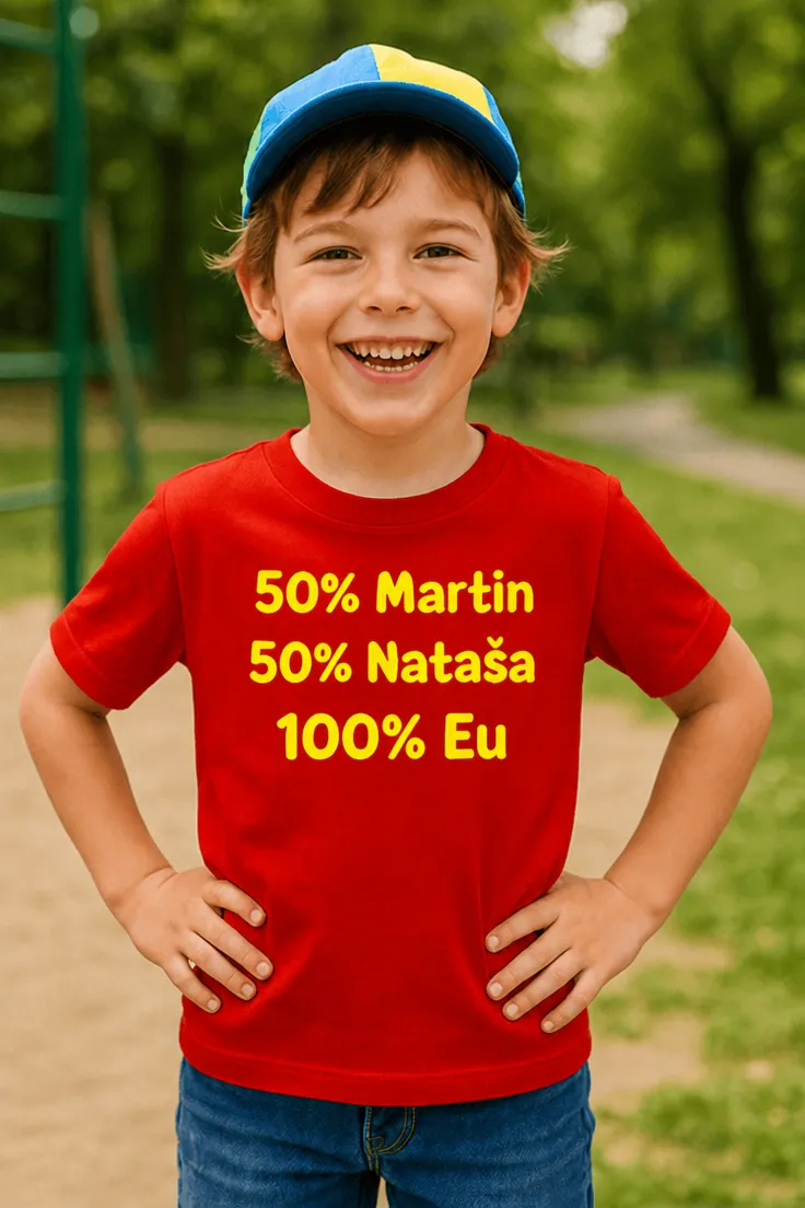 Tricou pentru copii Părinți procente cu nume personalizat, cu design amuzant și text 50% Martin 50% Natașa 100% Eu