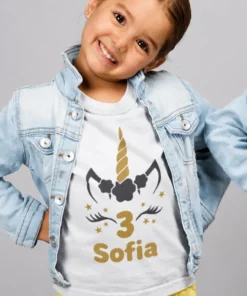 Tricou pentru copii unicorn cu nume personalizat, design vesel pentru fete