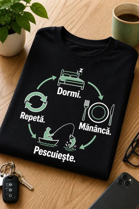 Tricou pescuit cu textul Dormi. Mănâncă. Pescuiește. Repetă. și grafică minimalistă în ciclu cu iconițe, în alb și mentă.