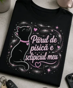Tricou negru cu sloganul „Părul de pisică e sclipiciul meu”, pisică simpatică și efecte de sclipici roz-argintii.